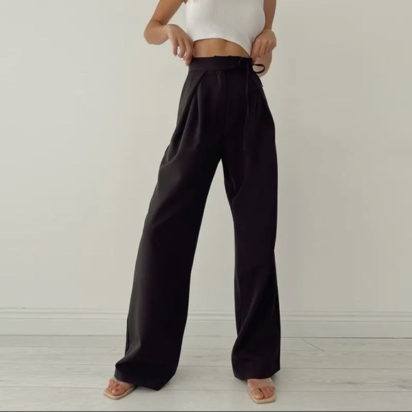 Black High Waist Tie Front Dress Pants Trousers - Picture 2 of 3